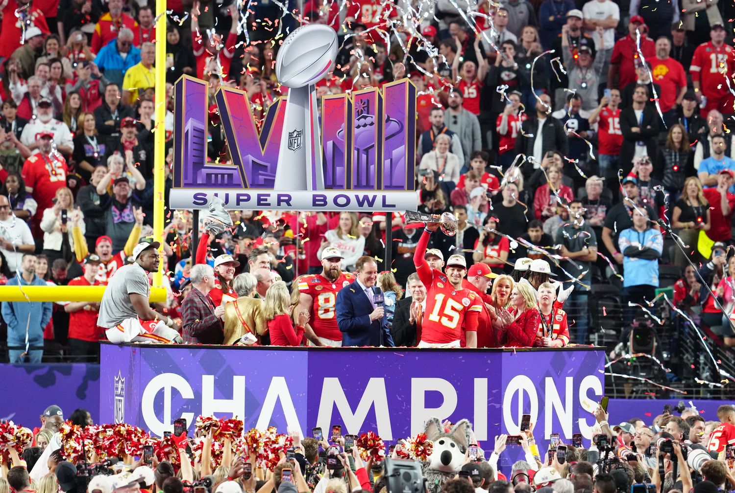Feb 11, 2024; Paradise, Nevada, USA; Kansas City Chiefs quarterback Patrick Mahomes (15) hoists the Vince Lombardi Trophy after defeating the San Francisco 49ers in Super Bowl LVIII at Allegiant Stadium. Mandatory Credit: Stephen R. Sylvanie-USA TODAY Sports  